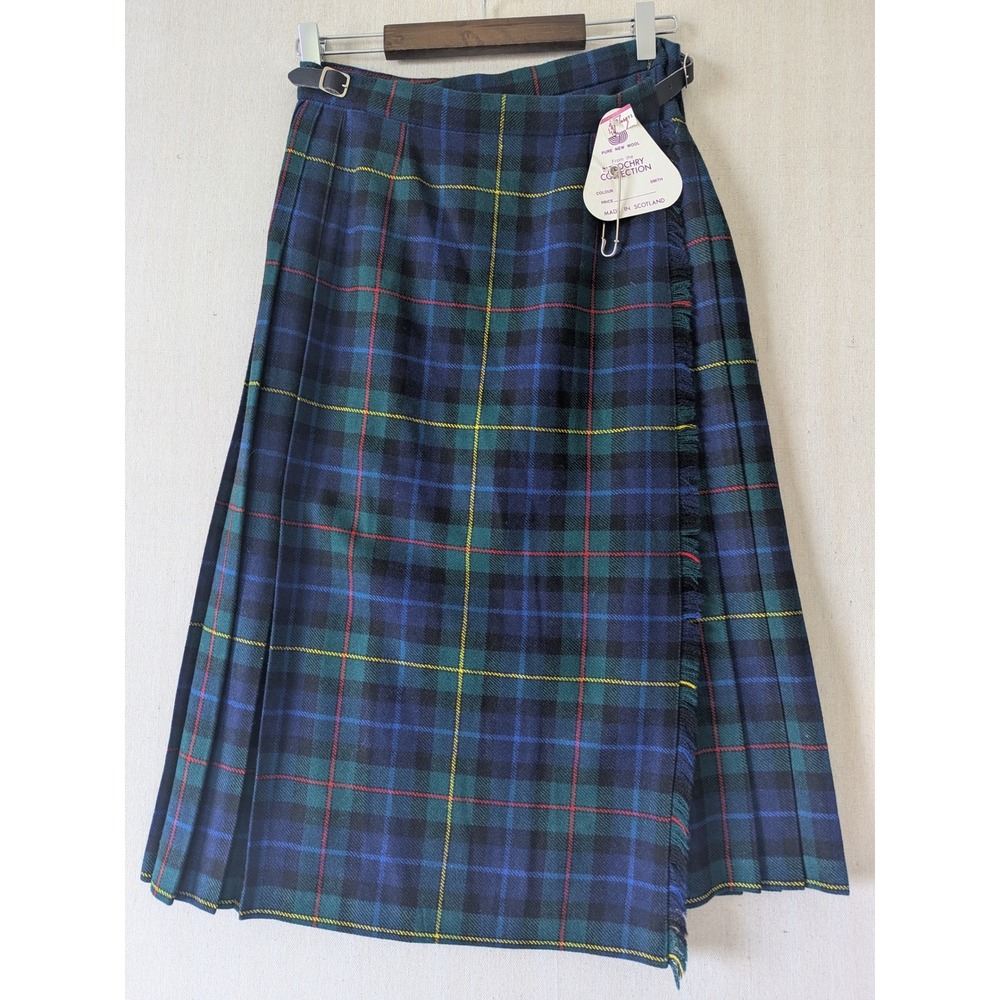 Pitlochry Knitwear Wrap Kilt Skirt Size 14 Blue Green Smith Tartan Wool Scotland